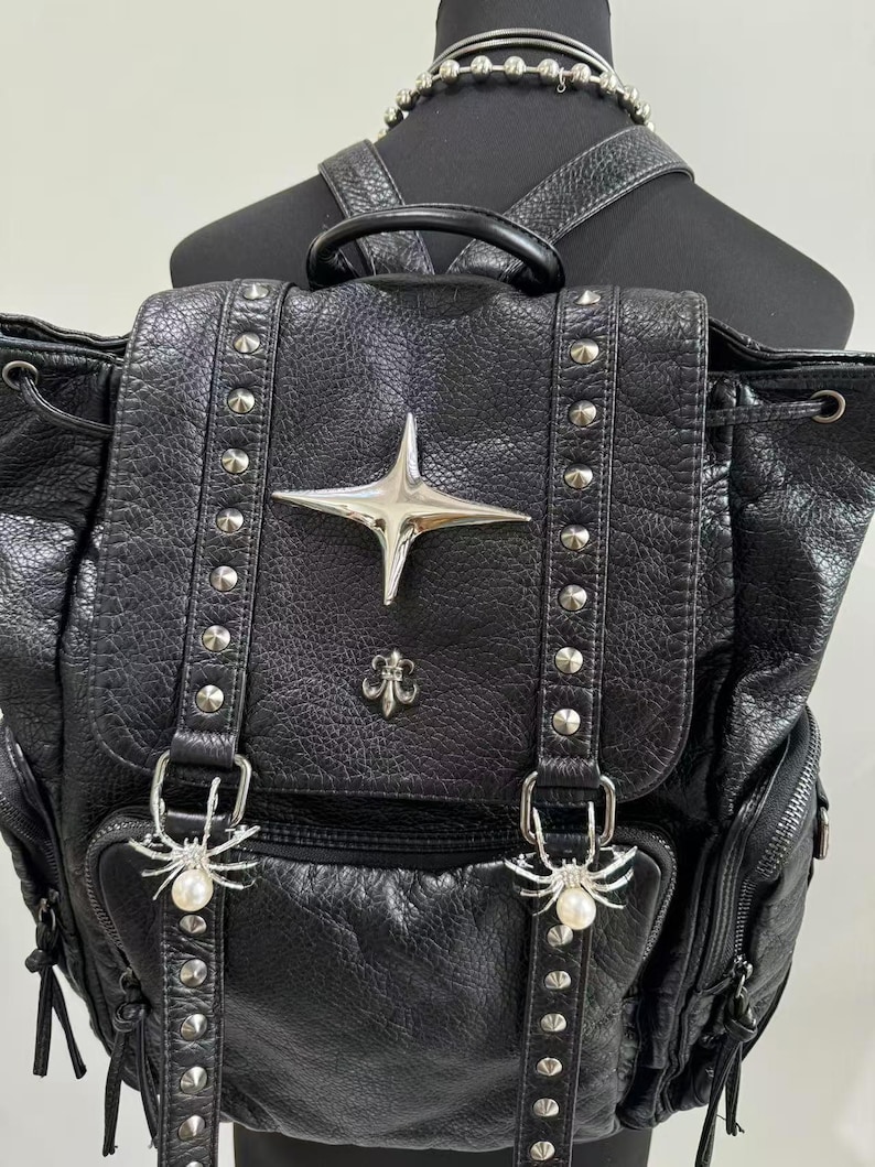 Gótico punk couro do plutônio  - Leather Backpack Vintage avaliação e preço
